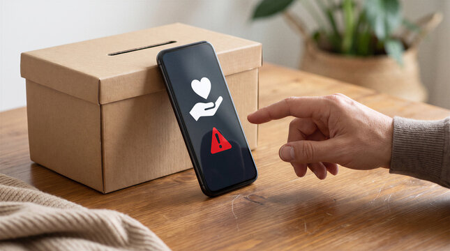 Online donation fraud warning displayed on smartphone beside charity box with hand reaching toward screen.
