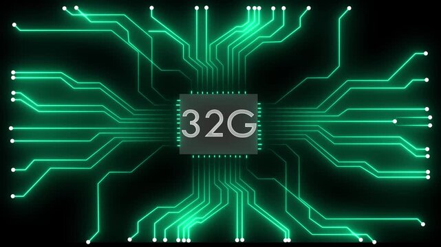 Glowing 32 g network lines connecting digital data points on a dark abstract background , Futuristic 32 G network visualizes digital data, Glowing lines and circuits enhance global connectivity
