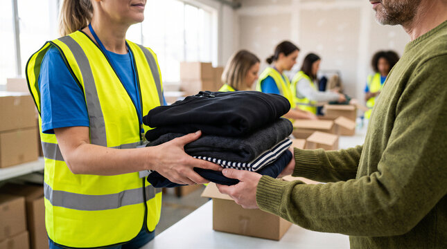 Charity donation center volunteer receiving folded clothing from donor while volunteers sort boxes in background.