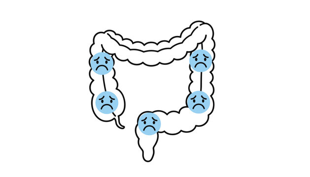 Medical illustration of a human large intestine featuring sad blue face icons pointing out digestive health problems or stomachache.