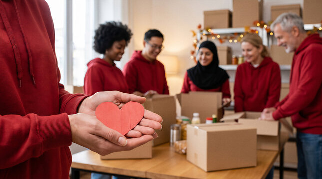 Charity volunteers packing donation boxes while person holds red paper heart in community center with copy space.