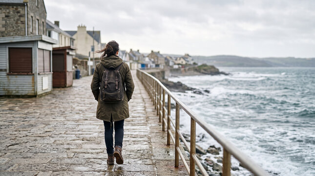 Solitary traveler on an off season seaside promenade