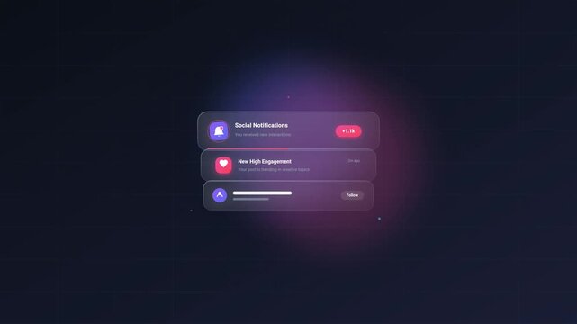 Social media notification banner popup interface design with modern glassmorphism style
