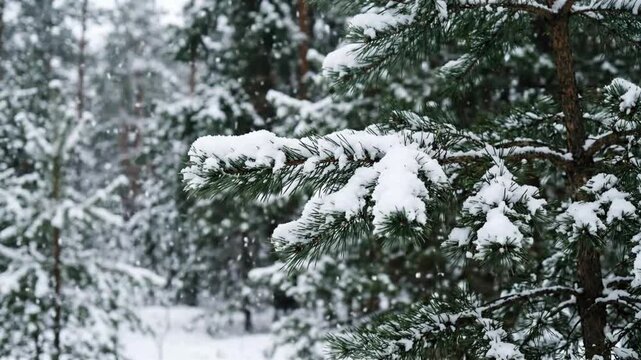 Snow covered pine tree branches in a winter forest during a light snowfall with soft natural light