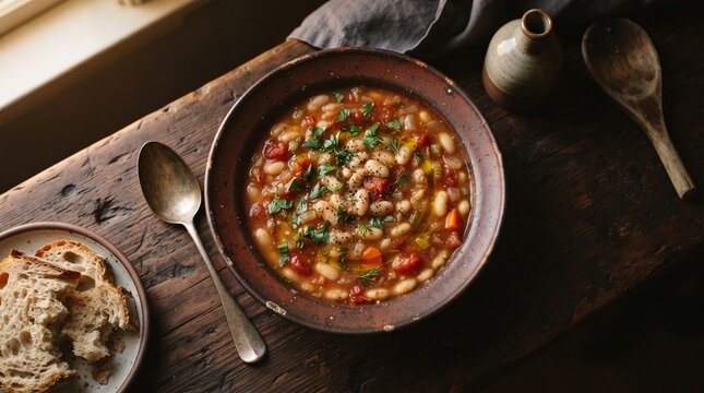 Greek fasolada white bean soup editorial still life food photography