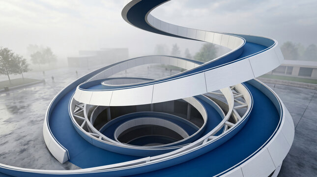 Futuristic spiral walkway architecture | Blue minimalist ramp in foggy city plaza | Surreal urban landscape design | Modern spiral path concept art