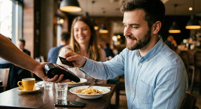 Man paying with a contactless credit card at a restaurant with his partner
