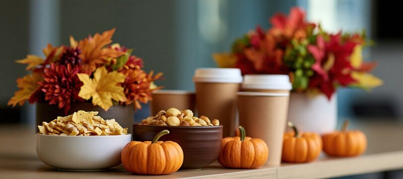 Autumn centerpiece with snack bowls, coffee cups, and mini pumpkins on conference table