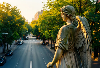 Obraz premium Spirituality and urban peace, stone angel statue overlooking a quiet city street at sunset with golden hour light and calm atmosphere in the metropolis