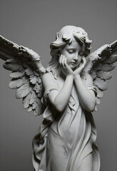 Obraz premium Grief and mourning concept, marble angel statue with hands on face in prayer, religious solace and spiritual peace in a cemetery or memorial garden