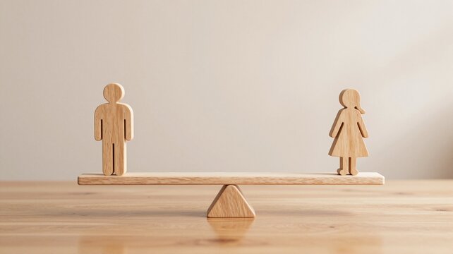 Wooden figures of a man and a woman balancing on a seesaw