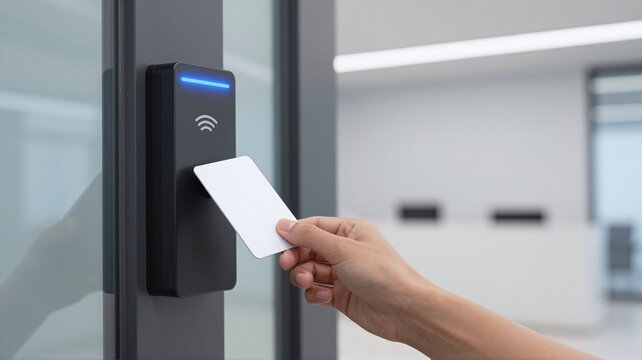 Person using electronic key card to unlock modern office door