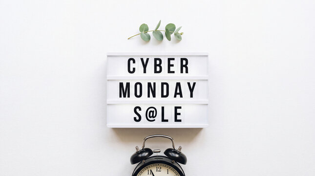Light box displaying promotional text alongside a small alarm clock and green leaves on white background.