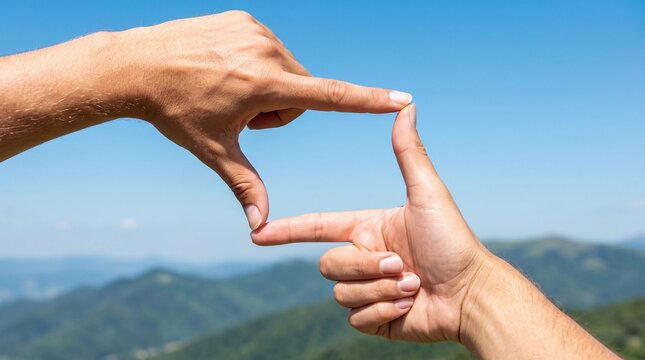 Hands framing a view against a blue sky