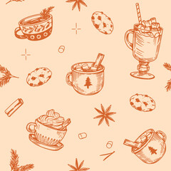 Hot drinks, winter beverages, cocoa, hot chocolate, seamless vector pattern © aksol