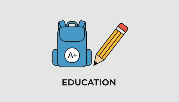 A colorful vector illustration of a school backpack with an A-plus mark alongside a sharp yellow pencil, representing education and study.