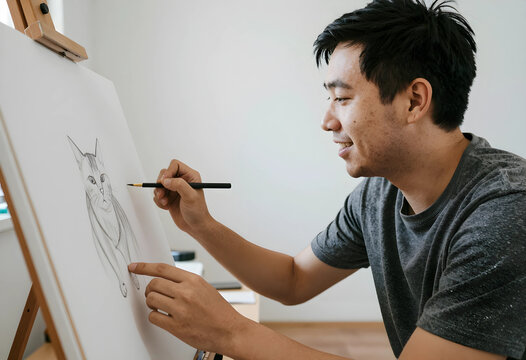 Creative hobby and artistic expression, young man drawing a cat sketch on canvas with pencil in a bright home studio for mental health and relaxation