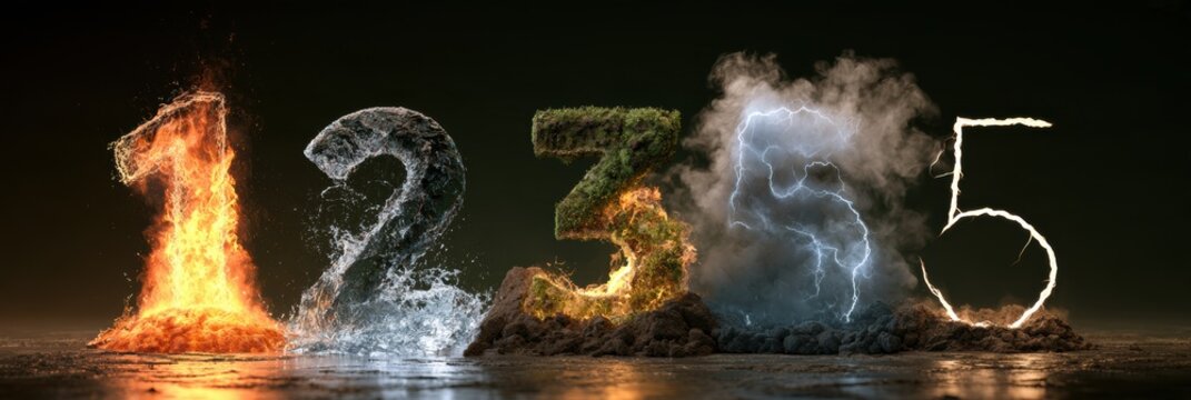 Numbers one through five emerge from elemental materials like fire, water, earth, air, and lightning in a dramatic arrangement with copy space.