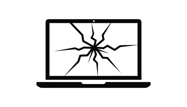 Black silhouette of a laptop computer with a shattered or cracked screen displayed on a plain white background surface.