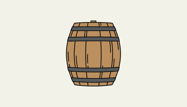 Classic wooden barrel with dark metal reinforcing hoops illustrated in a clean vector style against a pale background.