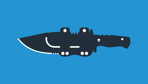 Tactical combat knife silhouette in dark blue and black with serrated blade and handle details on bright blue background.