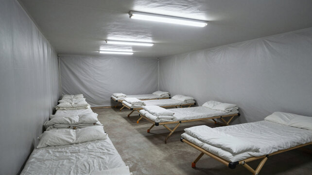 Emergency shelter cots lined up in a row in a clean white tent or bunker for disaster relief operations