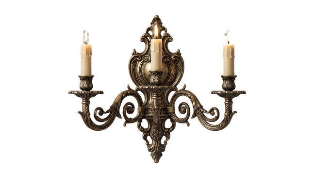 Elegant antique brass wall sconce with three candle holders isolated on transparent background