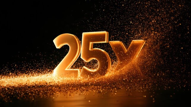 Single glowing amber number 25x floats in dark space, showing financial independence achieved with compound interest visualized around it.