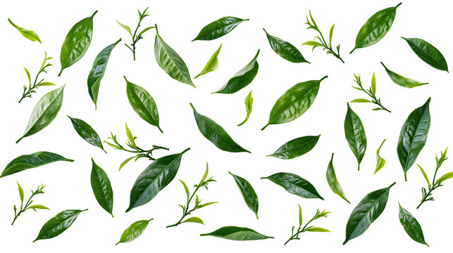 Isolated fresh vibrant green tea leaves and tender shoots scattered, representing natural freshness