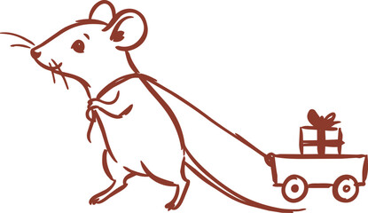 Obraz premium Hand drawn mouse pulling a gift wagon