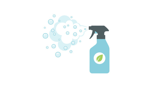 Eco friendly cleaning spray bottle vector illustration with fresh water bubbles and green leaf icon on clean white background.