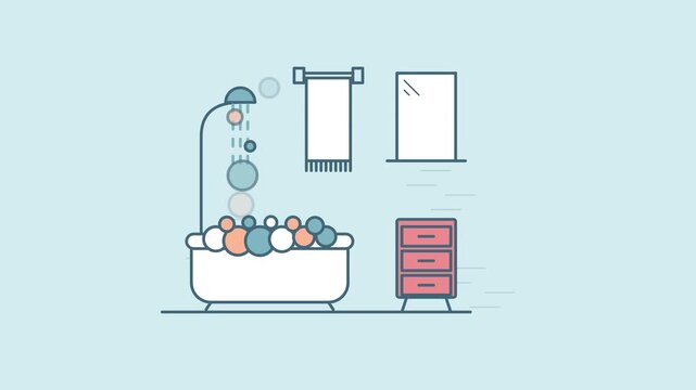 Minimalist Bathroom Animation Design With Bathtub Shower Bubbles And Cabinet Illustration For Interior Design Projects And Home Decor Concepts