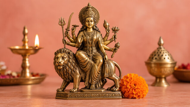 Dussehra scene featuring goddess durga statue with lion trident diya marigold in sacred devotional altar with vijayadashami worship victory under peaceful sacred ambience