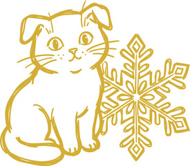 Fototapeta premium Naive hand drawn cat with snowflake winter illustration