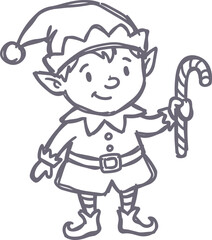 Obraz premium Christmas elf holding a candy cane coloring page