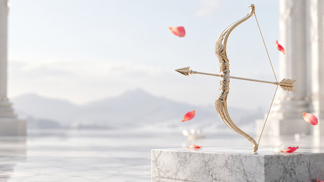 Ornate bow arrows marigold flowers diya lamp in bright temple courtyard altar creates a dussehra copy space