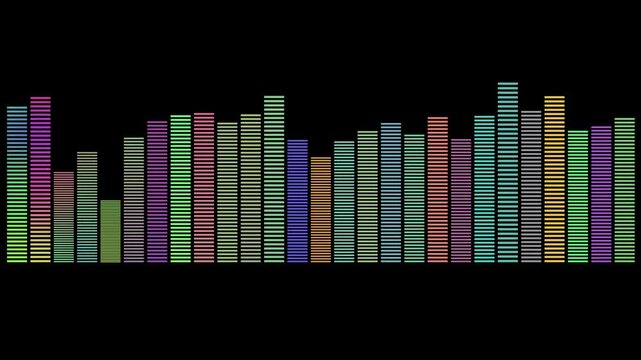 Minimalist audio spectrum visualization, neon sound equalizer bars music audio waveform animation on black background, 4k Multicolour audio equalizer bar overlay