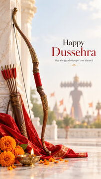 Vijayadashami worship shown through ornate bow arrows marigold flowers diya lamp in bright temple courtyard altar for dussehra under peaceful devotional ambience