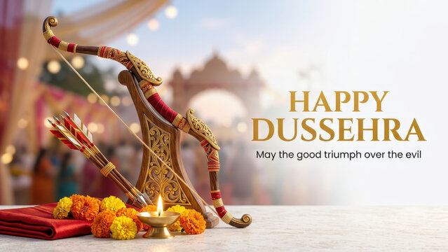 Ornate bow arrows marigold flowers diya lamp arranged in bright temple courtyard altar for dussehra with vijayadashami worship under bright cultural ambience