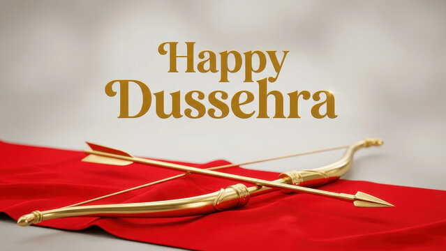 Golden bow with crossed arrows on red fabric beneath happy dussehra greeting, vijayadashami celebration backdrop for indian festival cards, cultural heritage, devotion, triumph