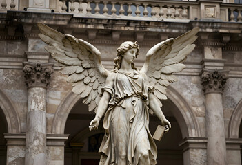 Obraz premium Spirituality and religion concept, marble angel statue with wings spread in front of historic classical architecture building for cultural heritage design