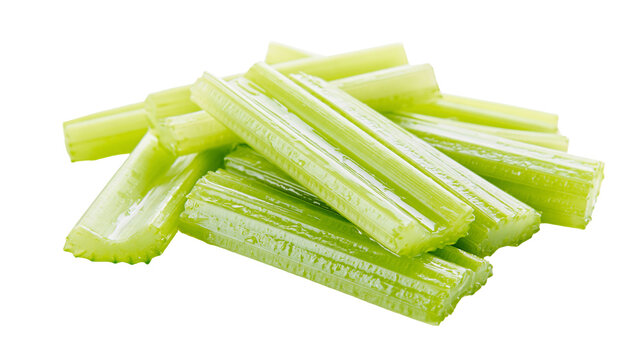 Isolated fresh cut green celery sticks, raw healthy vegetable food ingredient for cooking.