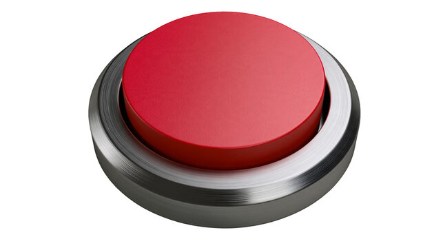 Isolated vibrant red push button with metallic chrome base, representing control, alert, emergency.