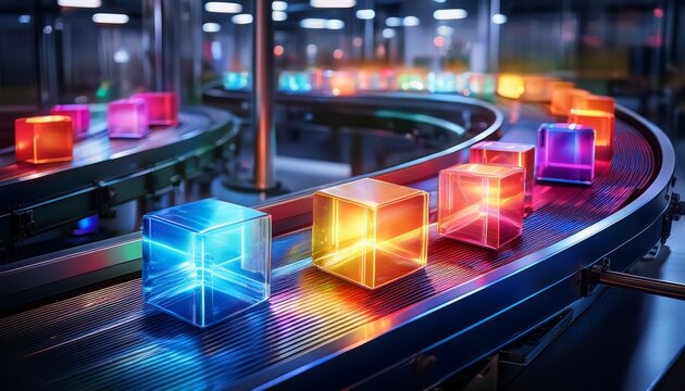 glowing colorful cubes moving on a conveyor belt representing ci cd