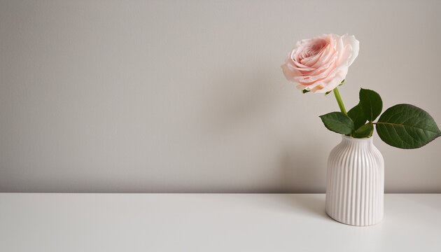 close up of single pale pink rose in small vase on white sideboard against neutral wall background with copy space to left