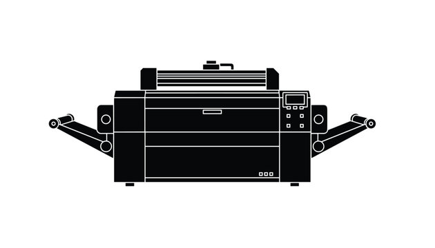 A detailed black silhouette of a large industrial printing press machine with paper rolls on both sides for commercial use.