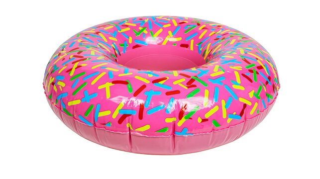 Isolated pink donut pool float with colorful sprinkles, perfect for summer fun and relaxation.