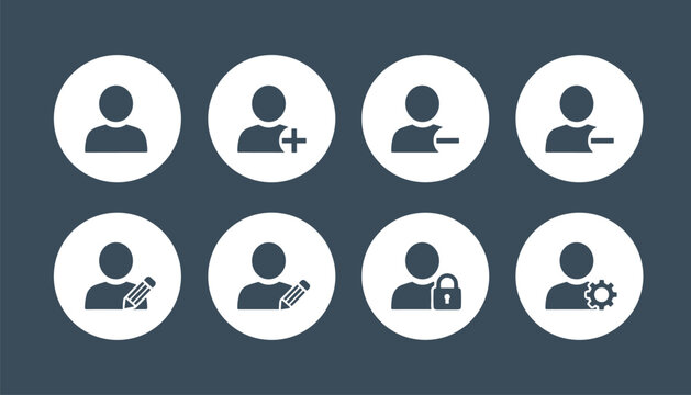 User account interface icon set featuring profile management options like add, delete, edit, lock, and settings in white.