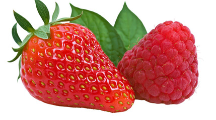Isolated fresh ripe red strawberry and juicy raspberry with green leaves, healthy sweet summer berries © Andrei