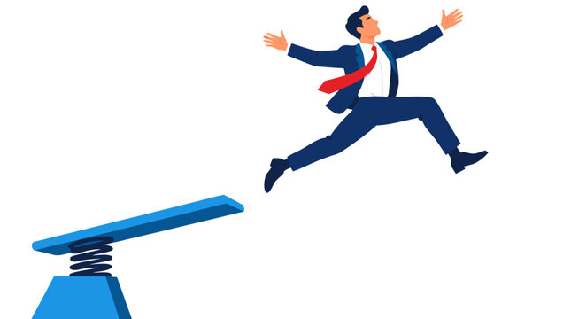 Energetic businessman in navy suit leaping high into the air with outstretched arms off a blue spring diving board, ambitious career launch and bold takeoff flat vector illustration